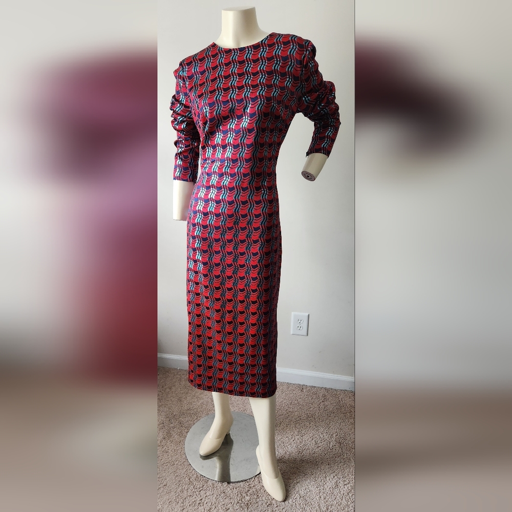 Diane Von Furstenberg Printed Midi Sheath dress. Size 14. Red, long sleeve.